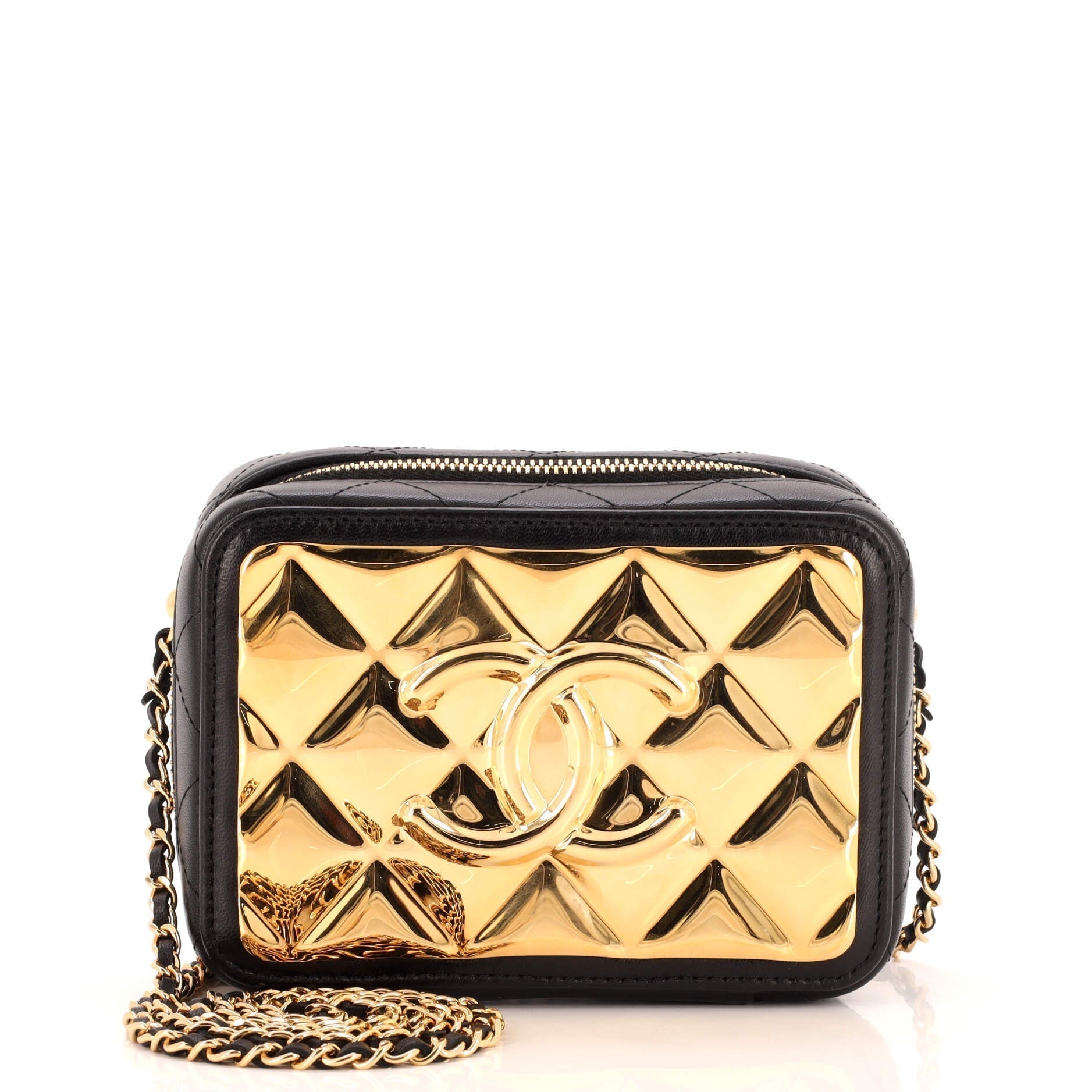 CHANEL Golden Plate Zip Around Vanity Case with Chain Quilted Metal and Lambskin Mini