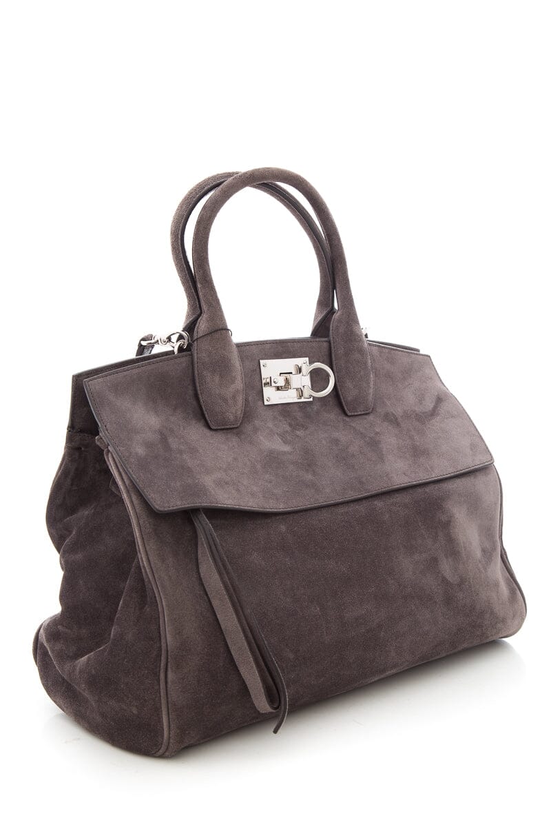 Salvatore Ferragamo Grey Suede Studio Satchel Handbag