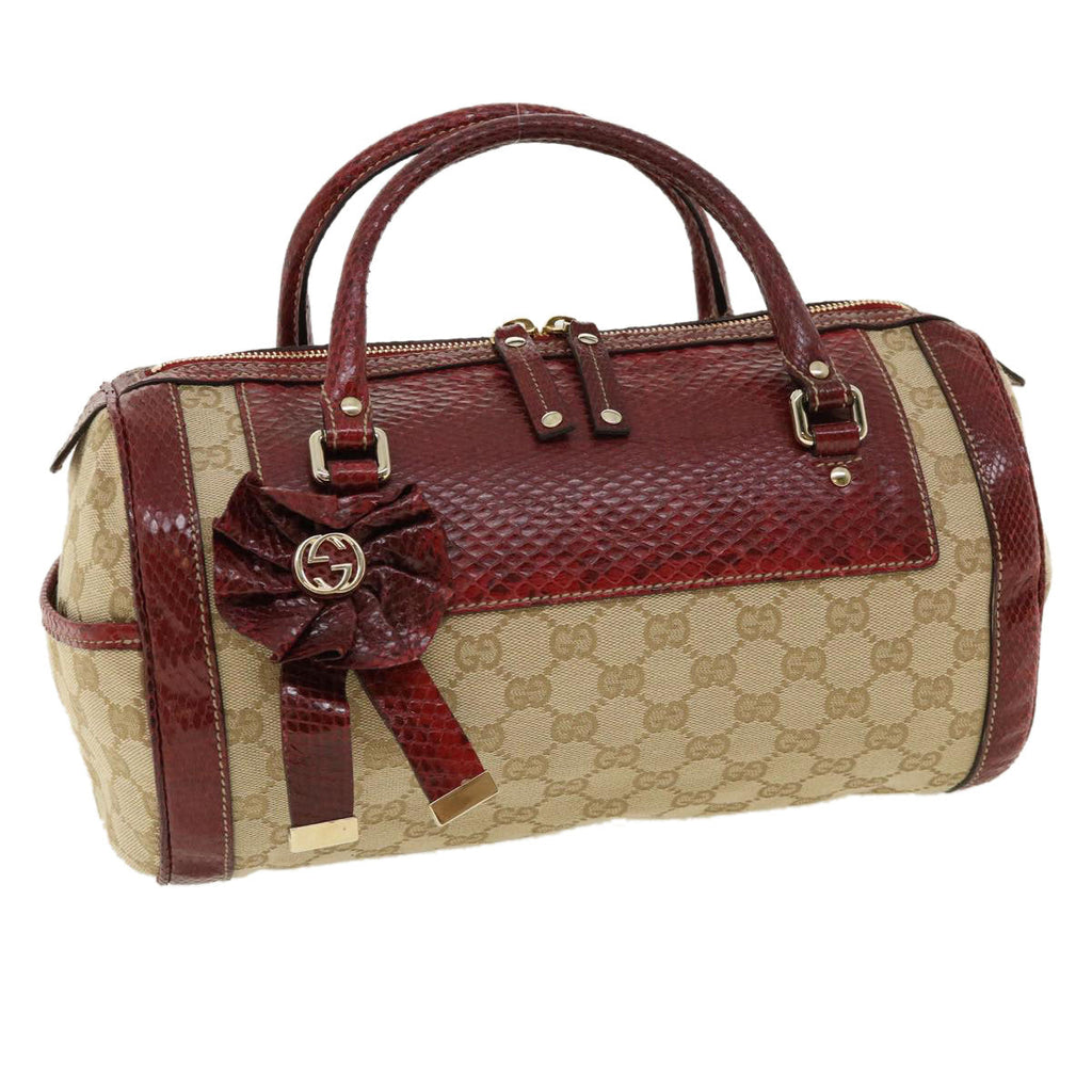 GUCCI GG Canvas Hand Bag Snake skin Beige Red 189825002122 am3163