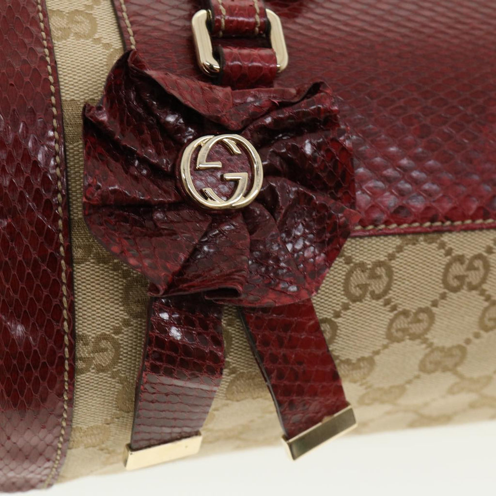 GUCCI GG Canvas Hand Bag Snake skin Beige Red 189825002122 am3163