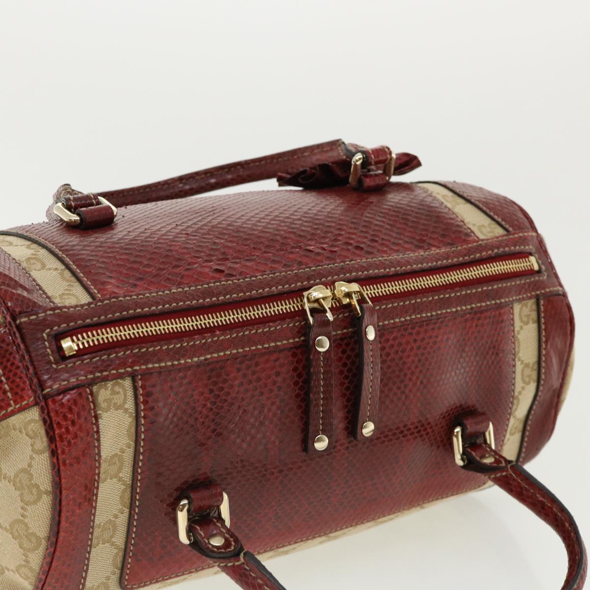 GUCCI GG Canvas Hand Bag Snake skin Beige Red 189825002122 am3163