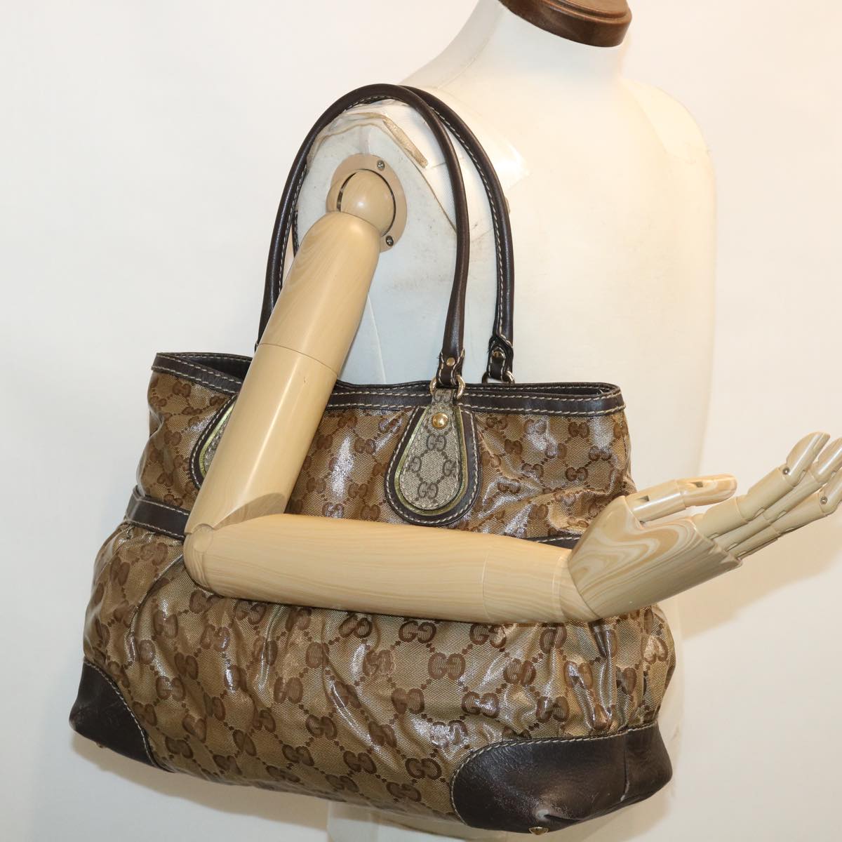 GUCCI GG Canvas Tote Bag Coated Canvas Beige Dark Brown am3623