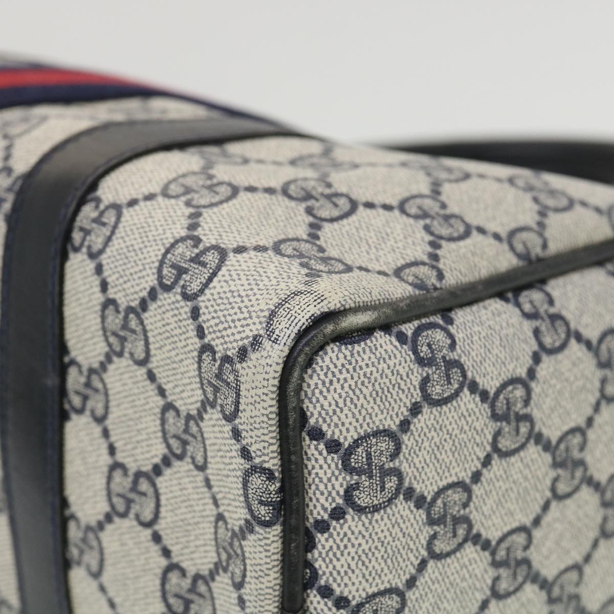 GUCCI GG Canvas Sherry Line Hand Bag PVC Leather Gray Red Navy am3714