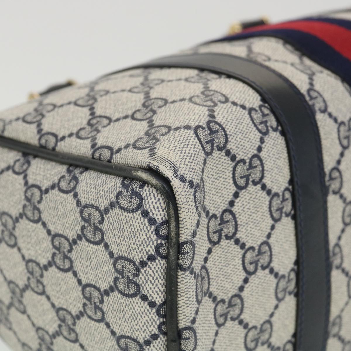 GUCCI GG Canvas Sherry Line Hand Bag PVC Leather Gray Red Navy am3714
