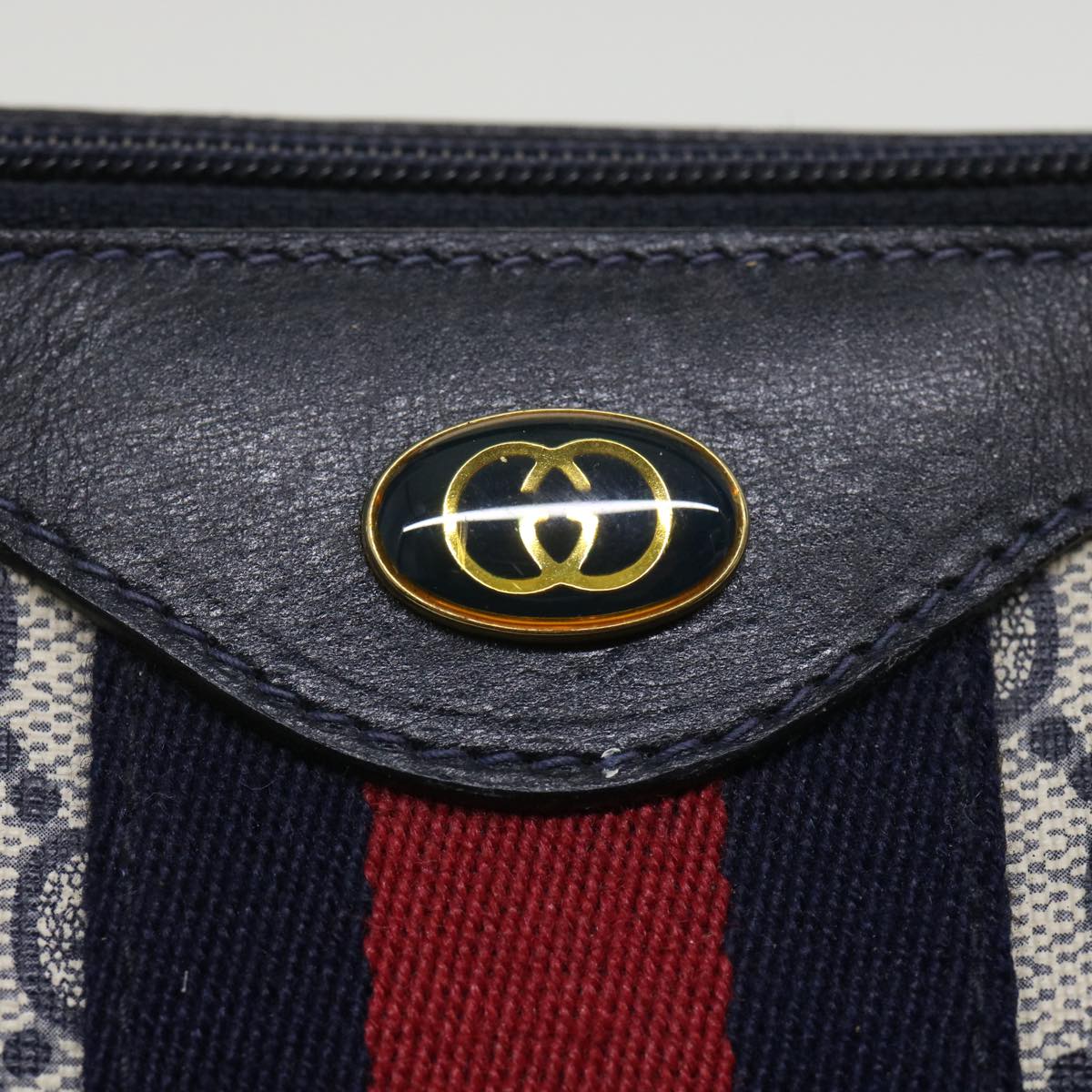 GUCCI GG Canvas Sherry Line Hand Bag PVC Leather Gray Red Navy am3714