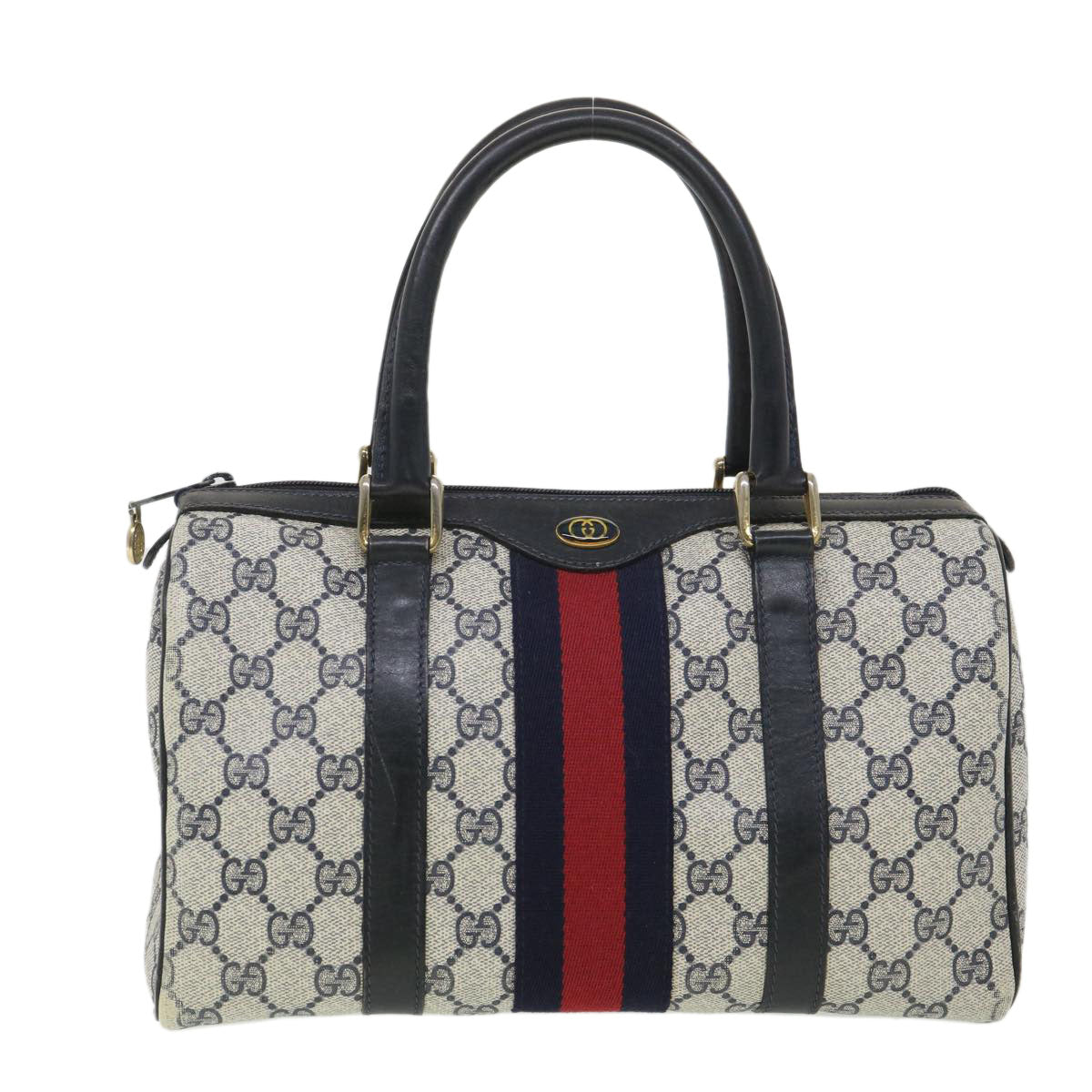 GUCCI GG Canvas Sherry Line Hand Bag PVC Leather Gray Red Navy am3714