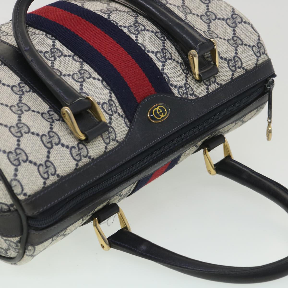 GUCCI GG Canvas Sherry Line Hand Bag PVC Leather Gray Red Navy am3714