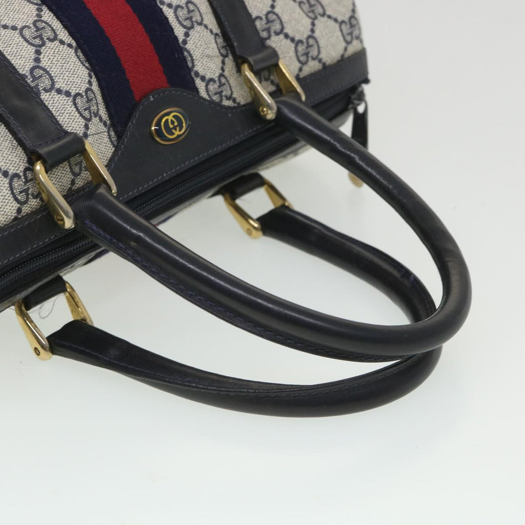 GUCCI GG Canvas Sherry Line Hand Bag PVC Leather Gray Red Navy am3714