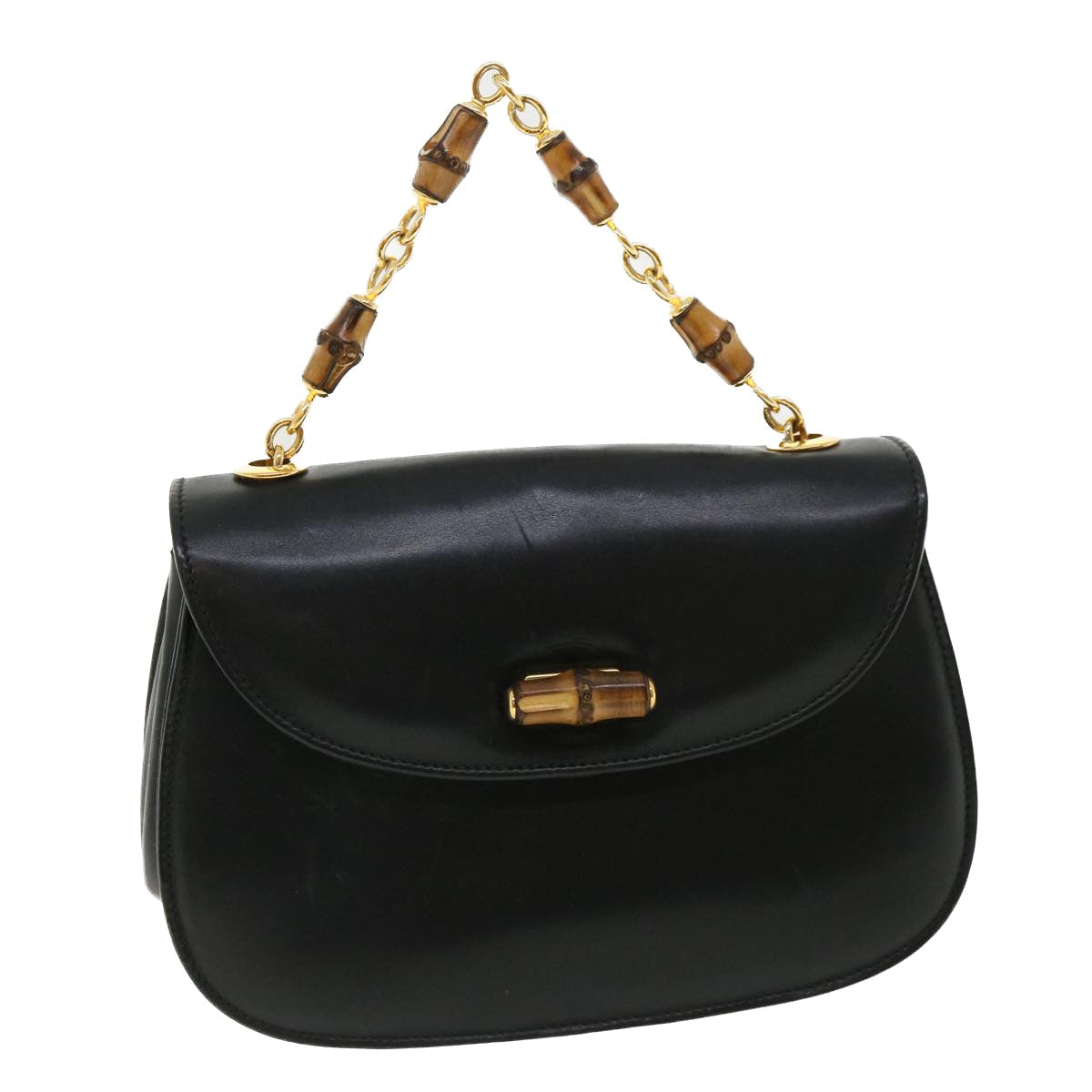 GUCCI Bamboo Chain Hand Bag Leather Black 0011151497 am3810