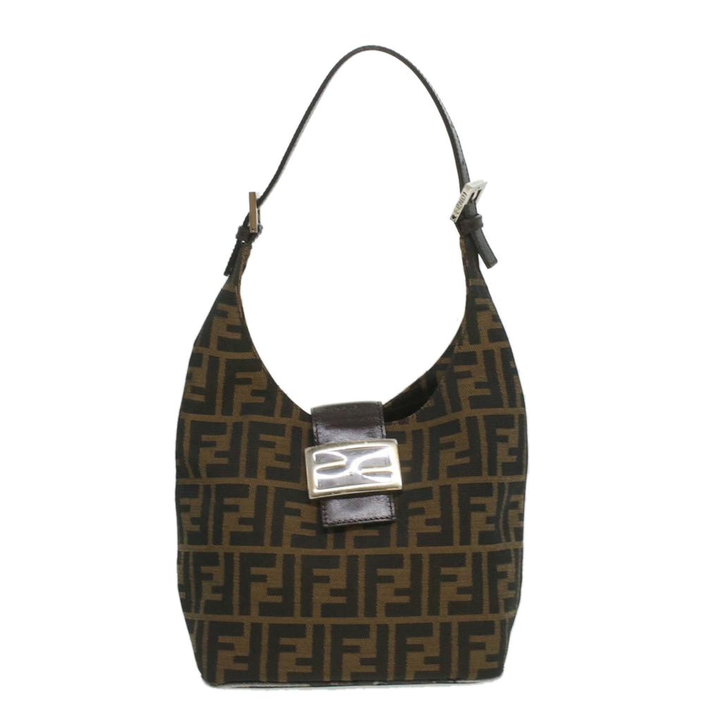 FENDI Zucca Canvas Mamma Baguette Shoulder Bag Nylon Brown Black am3962