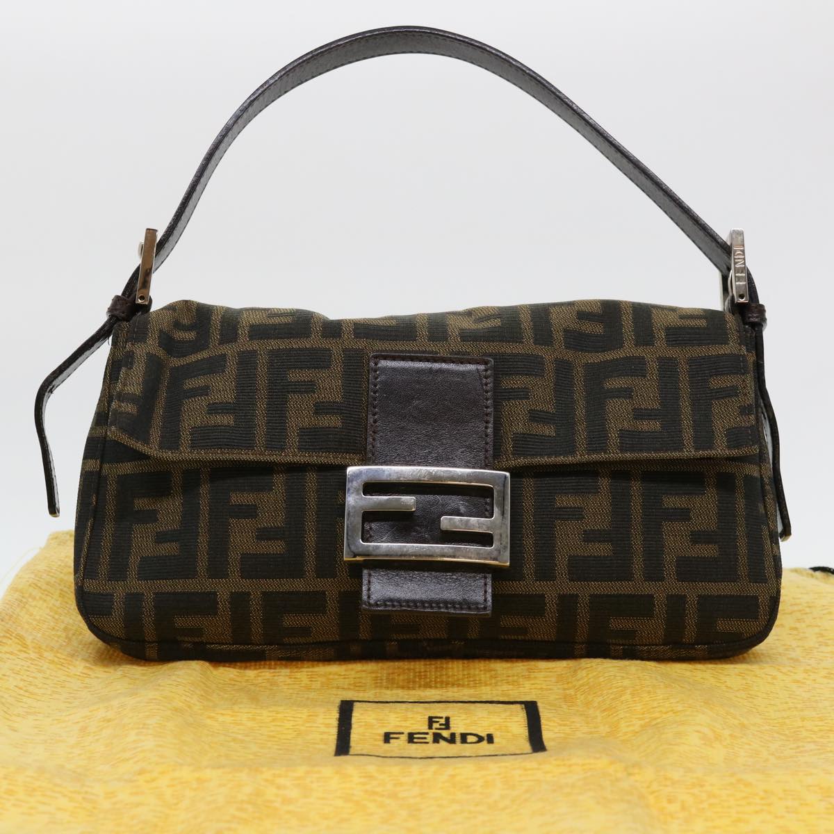 FENDI Zucca Canvas Mamma Baguette Shoulder Bag Brown Black 232126424 am4025