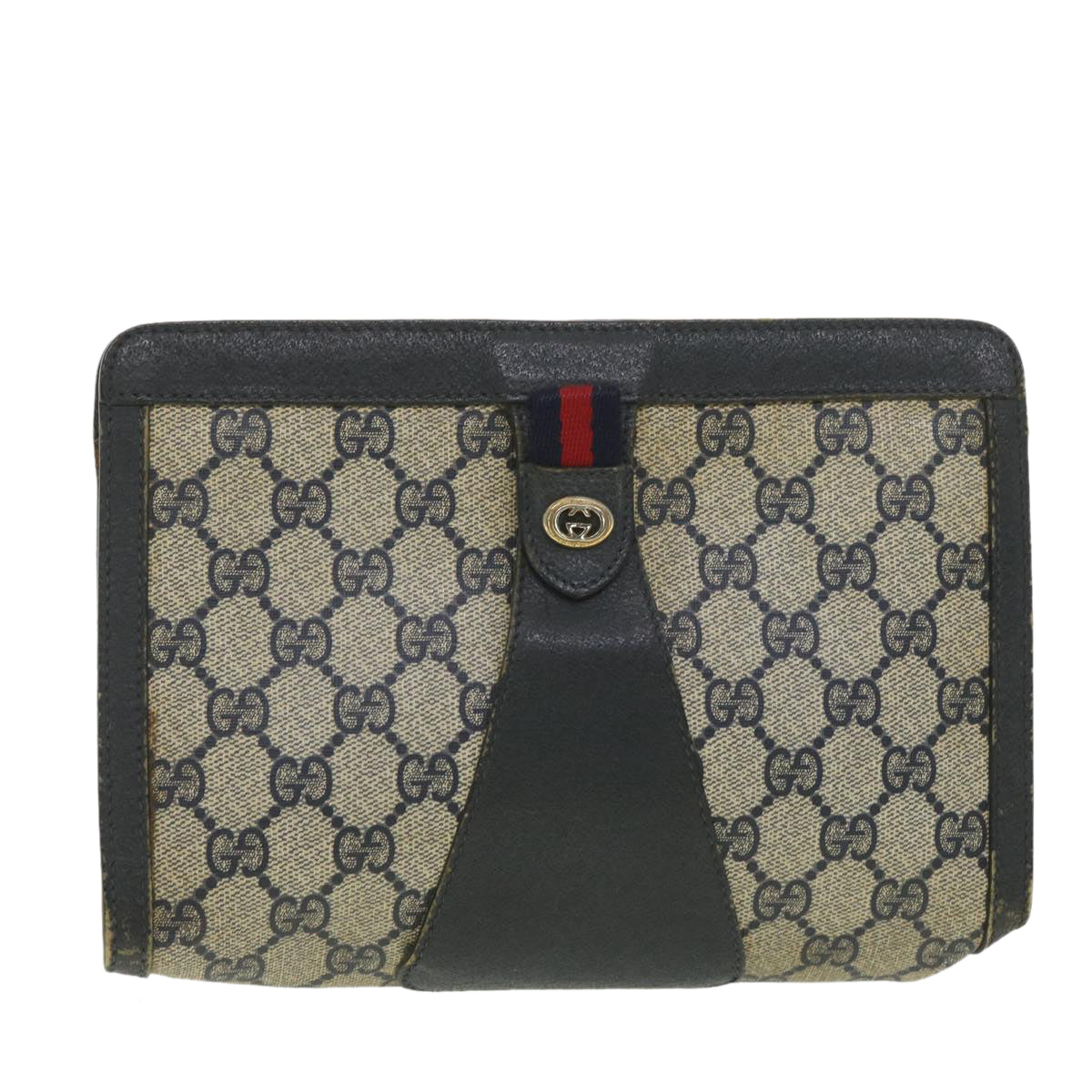 GUCCI GG Canvas Sherry Line Clutch Bag Gray Red Navy 89.01.032 am4045