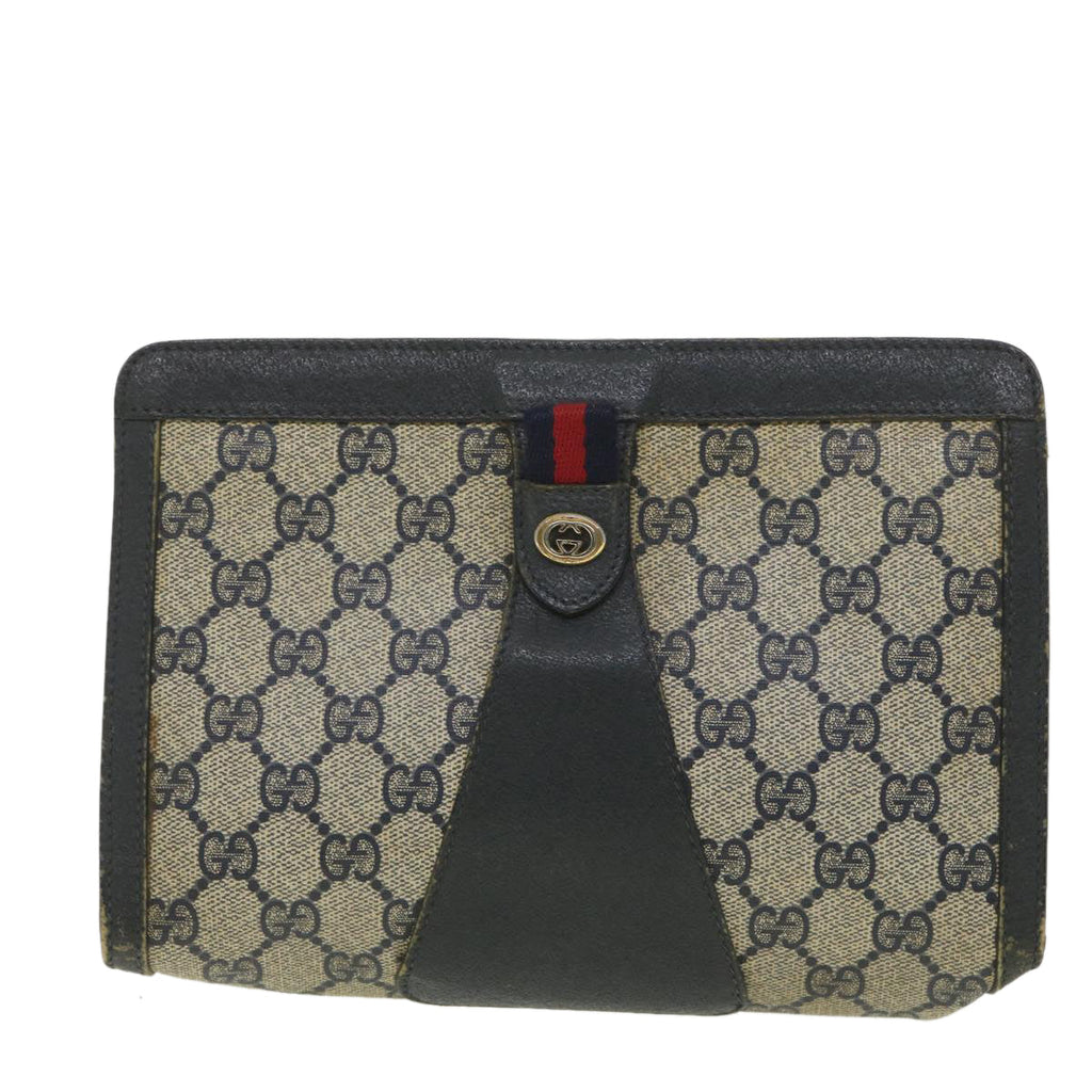 GUCCI GG Canvas Sherry Line Clutch Bag Gray Red Navy 89.01.032 am4045