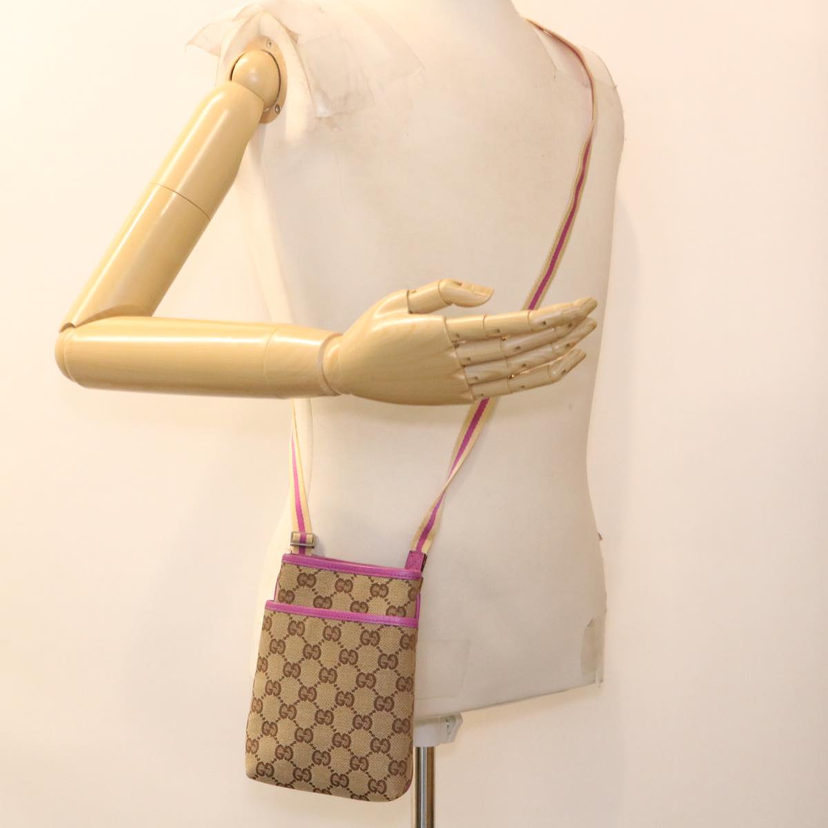 GUCCI GG Canvas Sherry Line Shoulder Bag Beige Pink 141863 am4134