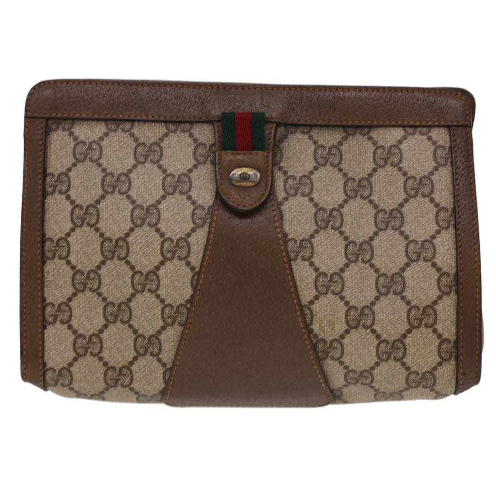 GUCCI GG Canvas Web Sherry Line Clutch Bag PVC Leather Beige Red am4171
