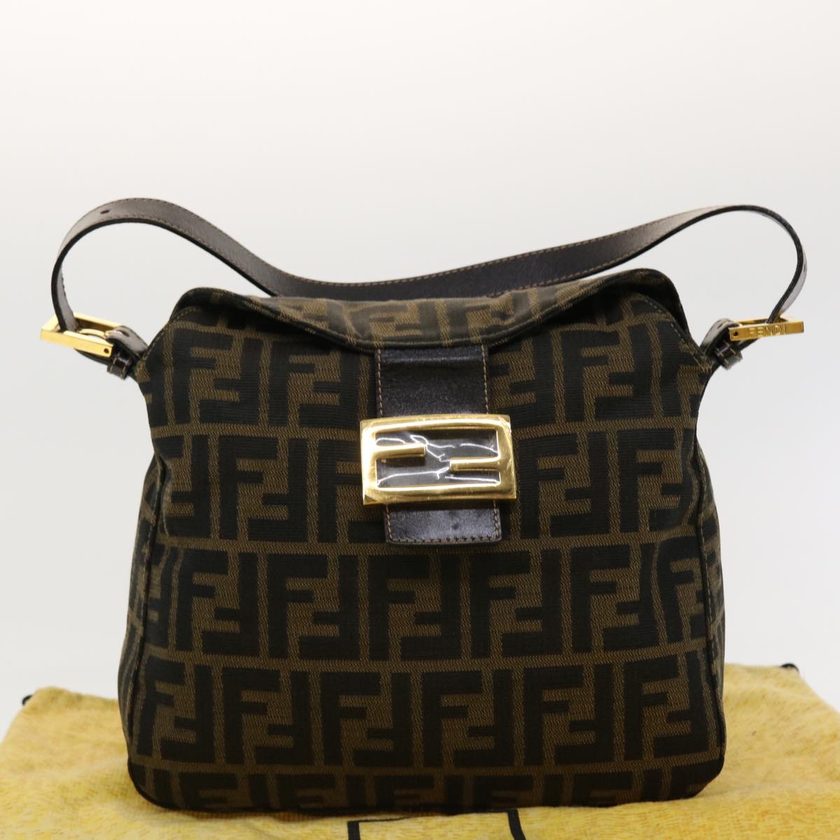 FENDI Zucca Canvas Mamma Baguette Shoulder Bag Nylon Brown Black am4225