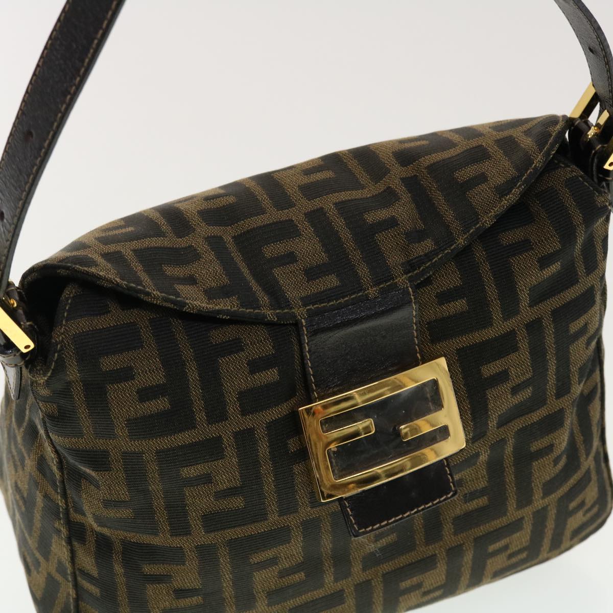 FENDI Zucca Canvas Mamma Baguette Shoulder Bag Nylon Brown Black am4225