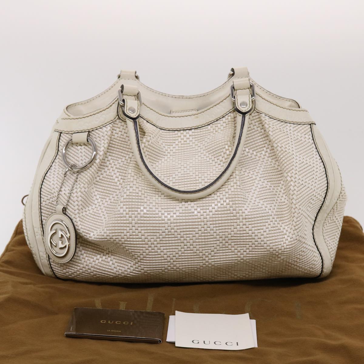 GUCCI Diamante GG Canvas Hand Bag Leather White 211944 am4493