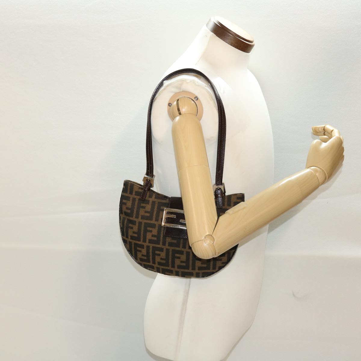 FENDI Zucca Canvas Mamma Baguette Shoulder Bag Nylon Brown Black am4494