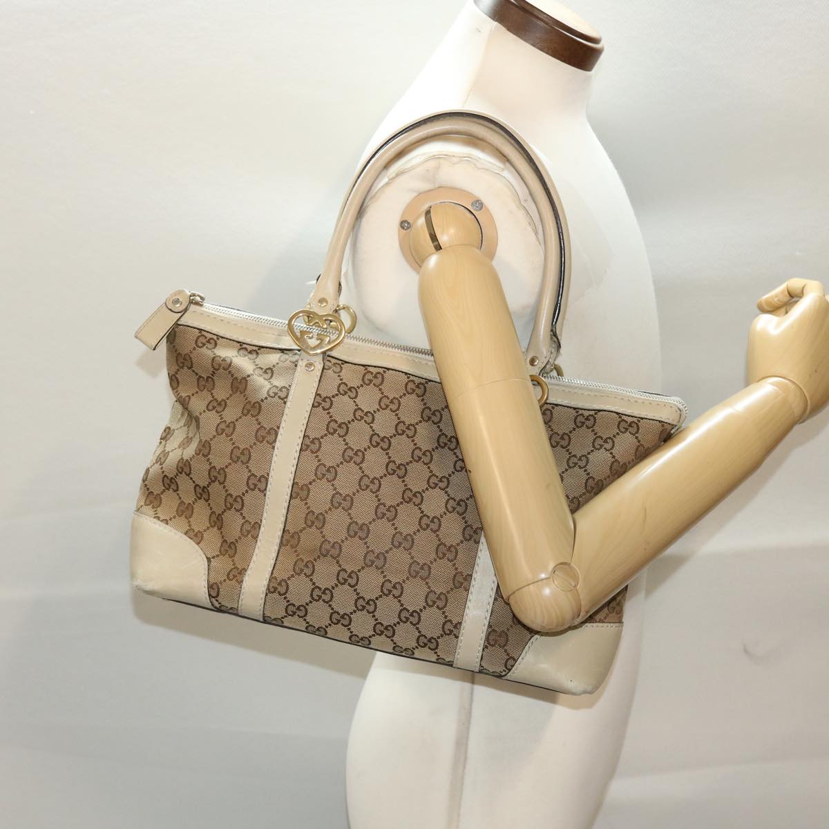 GUCCI GG Canvas Tote Bag Leather Beige 257069 am4730