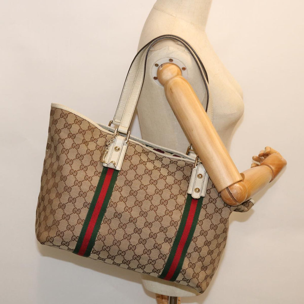 GUCCI GG Canvas Web Sherry Line Tote Bag Beige Red Green 139260 am5008