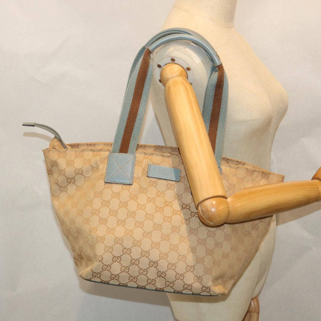 GUCCI GG Canvas Sherry Line Tote Bag Beige Light Blue Brown 131230 am5094