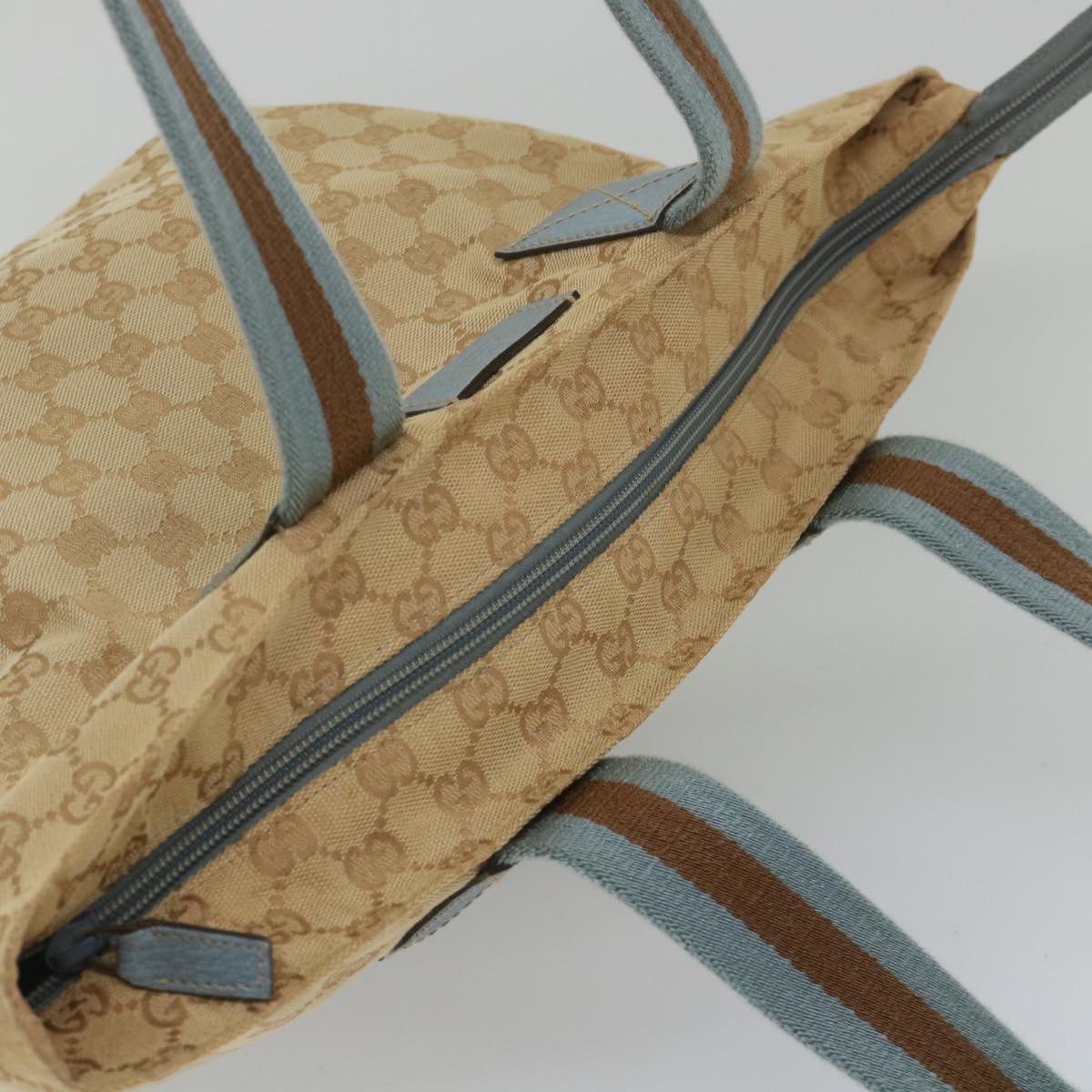 GUCCI GG Canvas Sherry Line Tote Bag Beige Light Blue Brown 131230 am5094