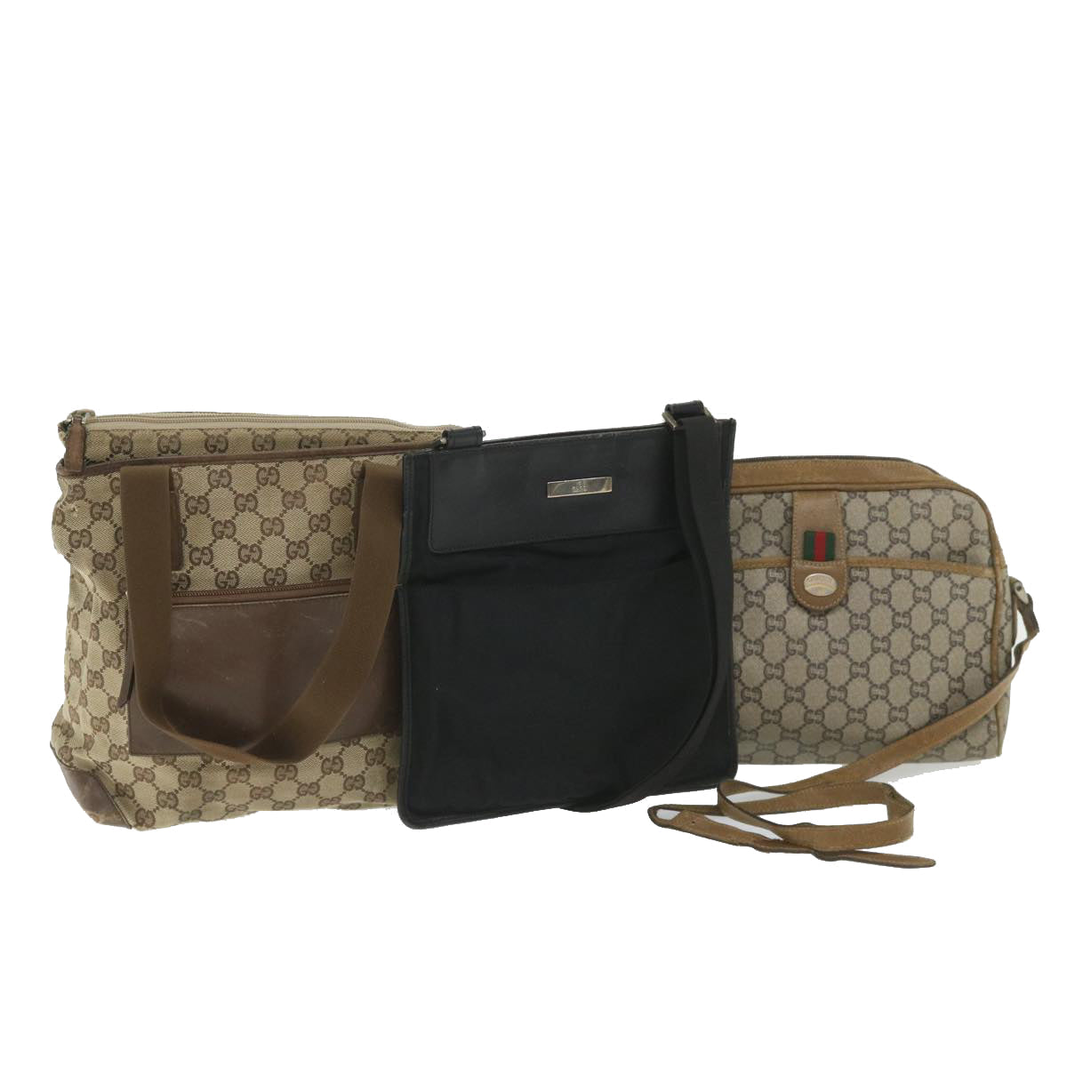 GUCCI GG Canvas Shoulder Bag PVC Leather Nylon 3Set Beige Black am5120