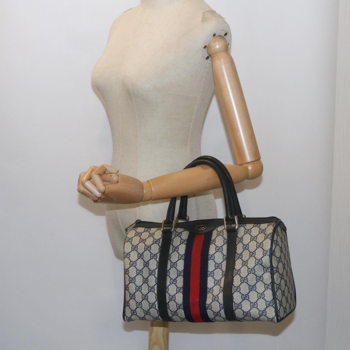 GUCCI GG Supreme Sherry Line Boston Bag PVC Leather Red Navy am5311