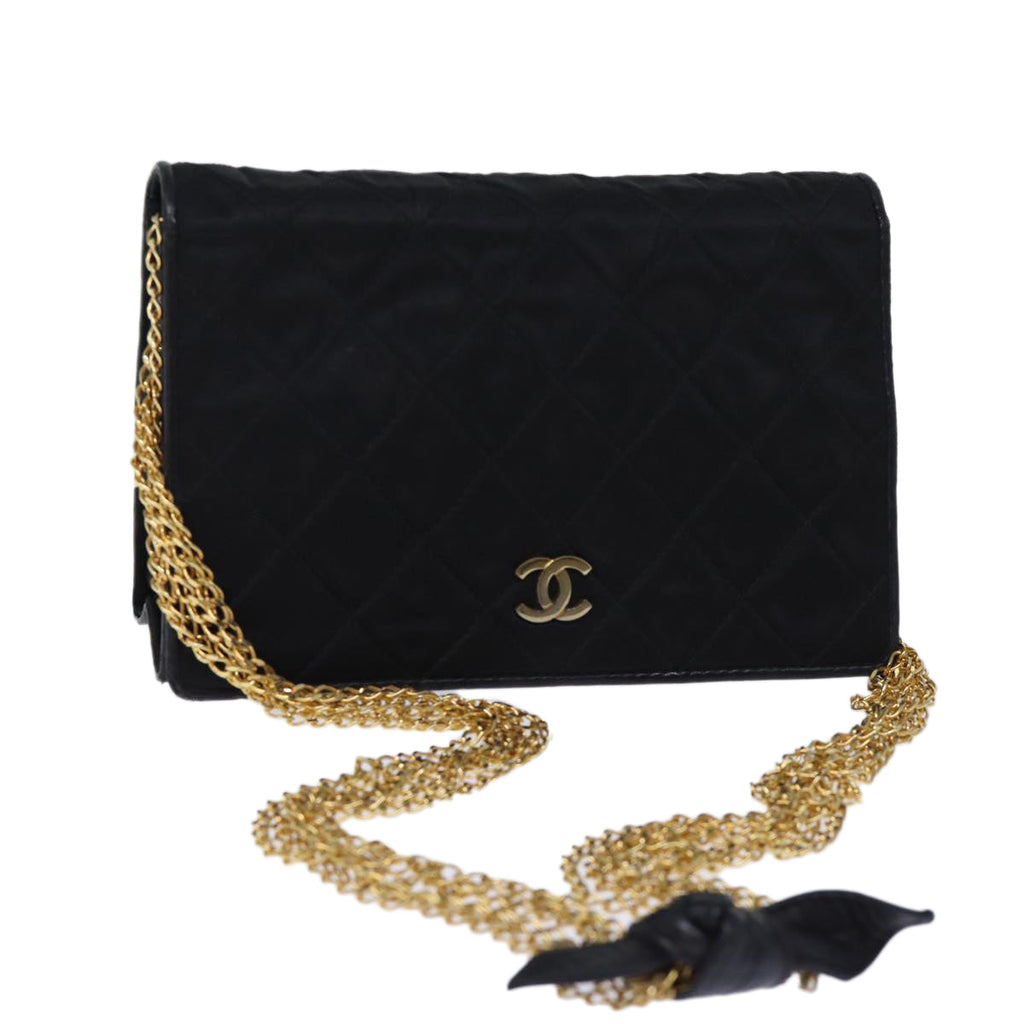 CHANEL Matelasse Chain Shoulder Bag Satin Black CC am6152A