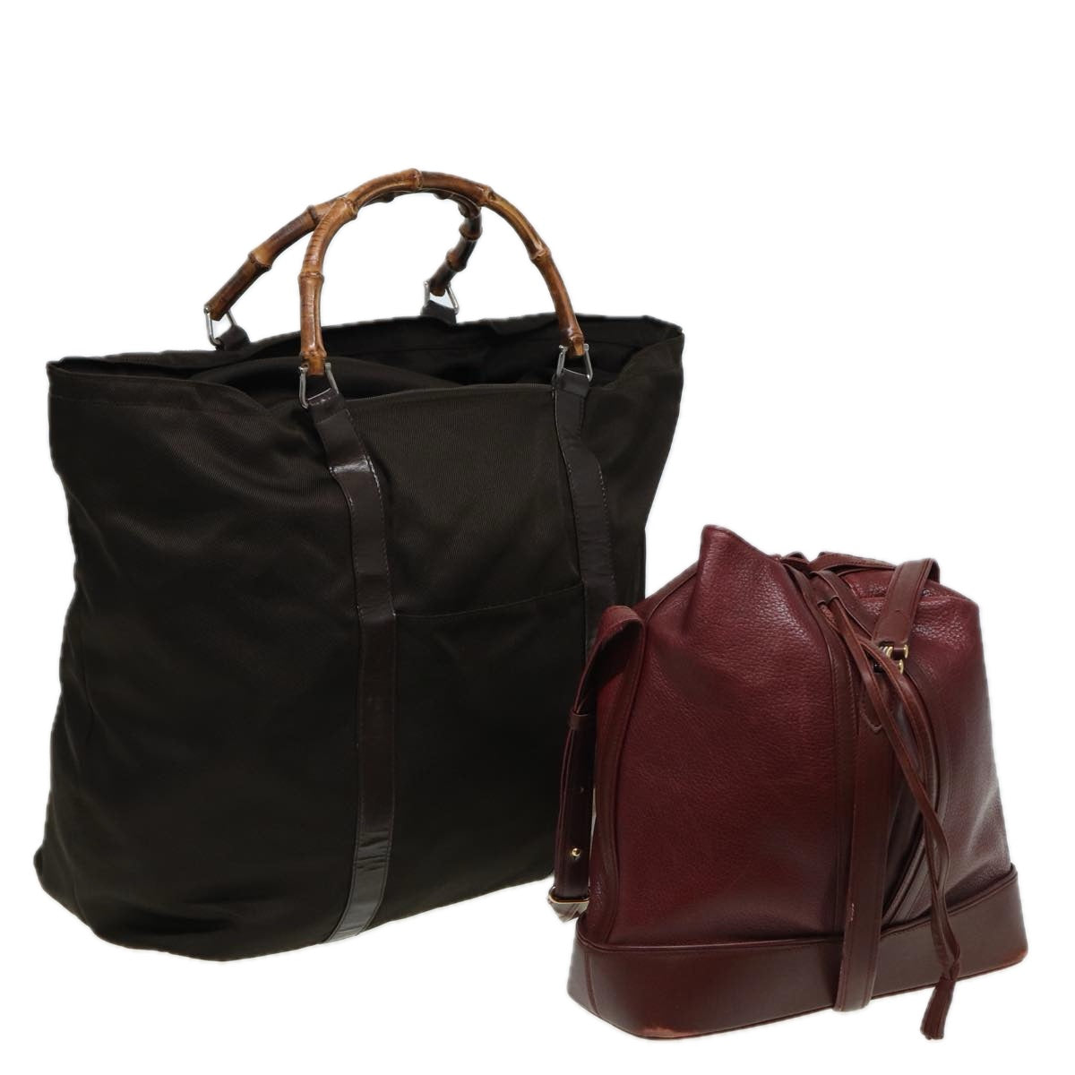 GUCCI Cartier Hand Bag Leather 2Set Khaki Wine Red am6367