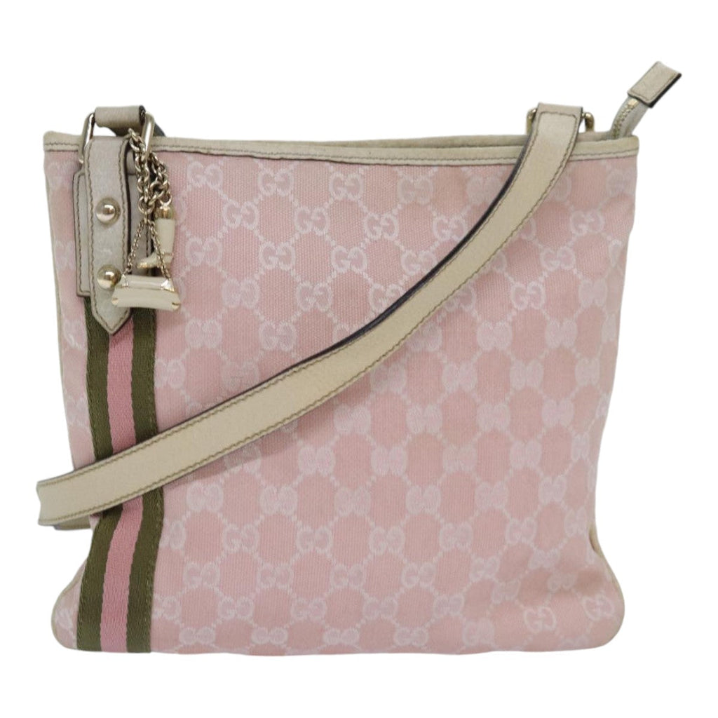 GUCCI GG Canvas Sherry Line Shoulder Bag Pink Gold khaki 144388 am6743