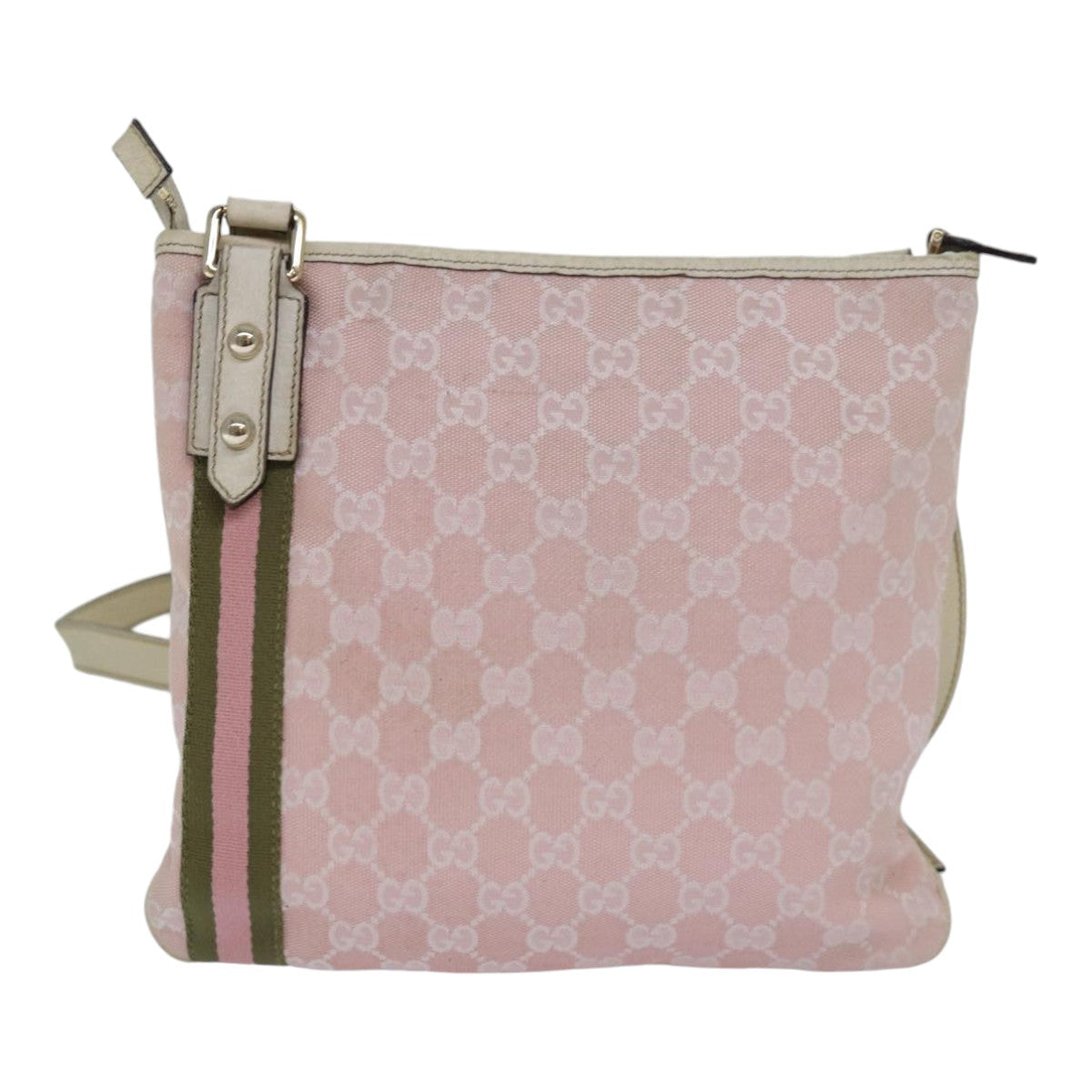 GUCCI GG Canvas Sherry Line Shoulder Bag Pink Gold khaki 144388 am6743
