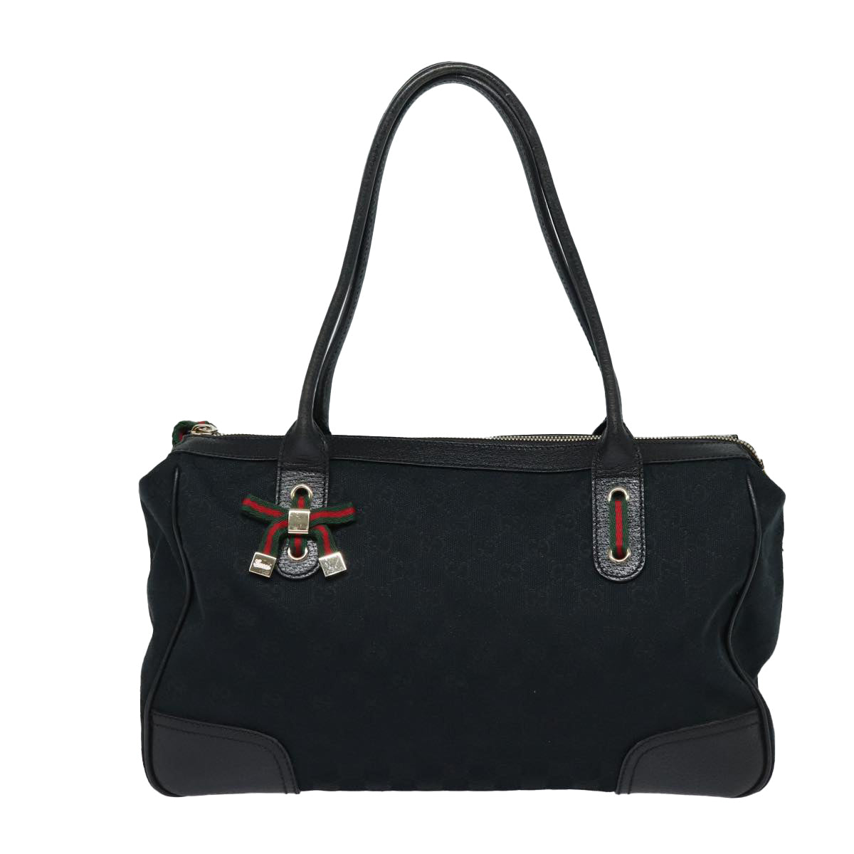 GUCCI Pretty GG Canvas Web Sherry Line Hand Bag Black Gold 177052 am6773