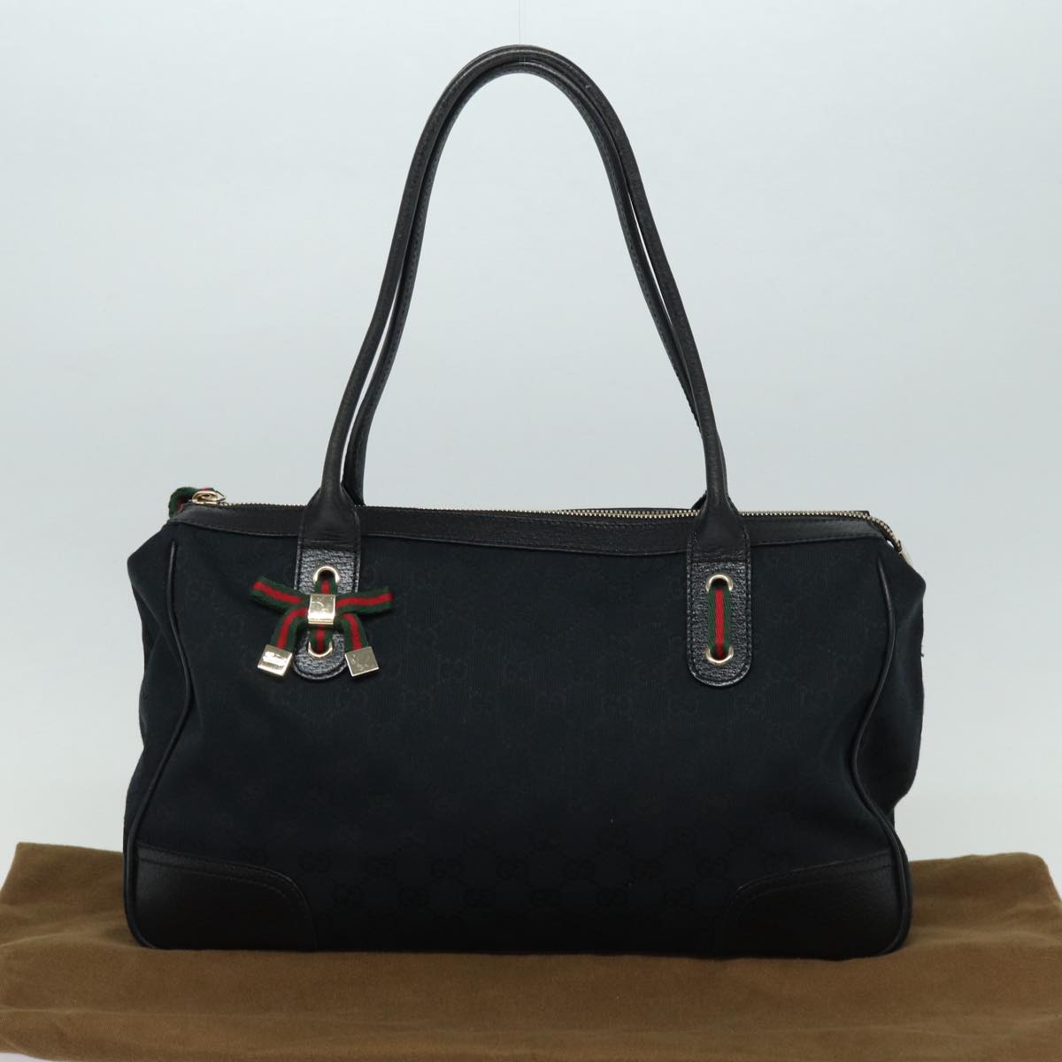 GUCCI Pretty GG Canvas Web Sherry Line Hand Bag Black Gold 177052 am6773
