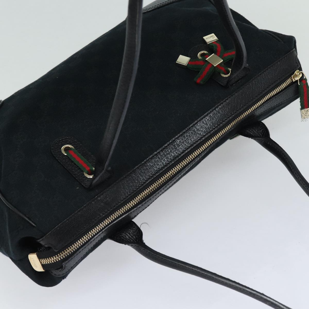 GUCCI Pretty GG Canvas Web Sherry Line Hand Bag Black Gold 177052 am6773