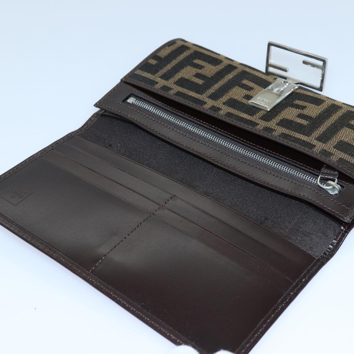 FENDI Zucca Canvas Long Wallet Black Brown Silver am6788