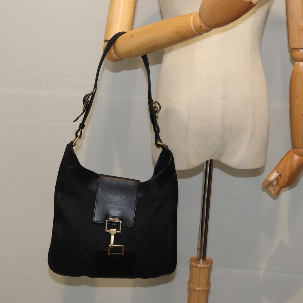 GUCCI Jackie GG Canvas Shoulder Bag Black Gold 001 4129 am6796