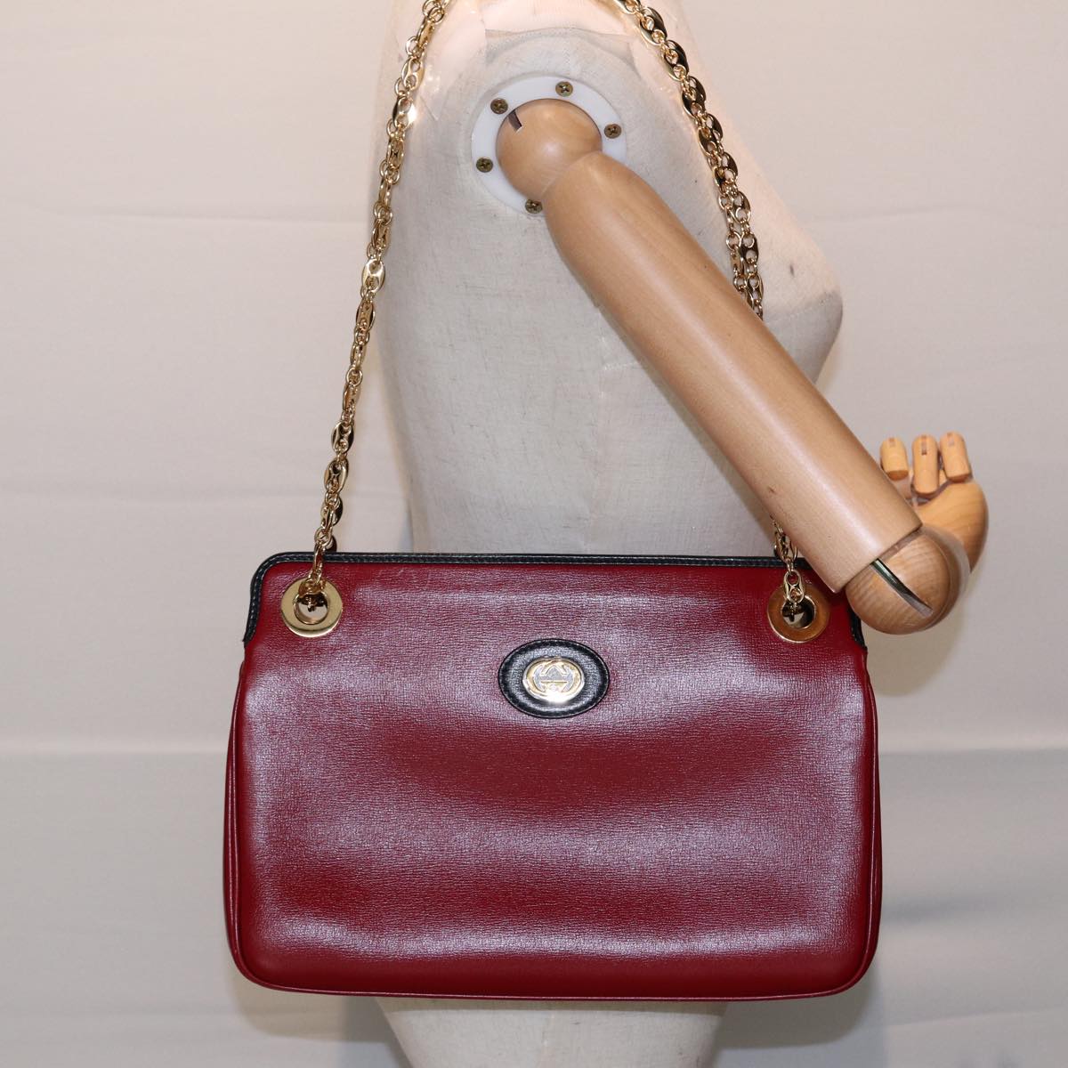 GUCCI Chain Shoulder Bag Leather Red Gold 576422 am6808