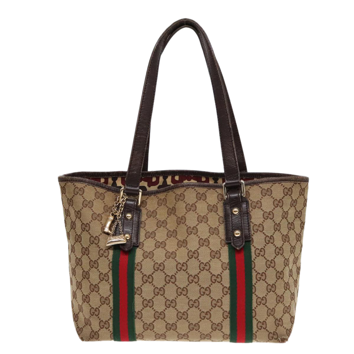 GUCCI GG Canvas Web Sherry Line Tote Bag Beige Green Red am6853