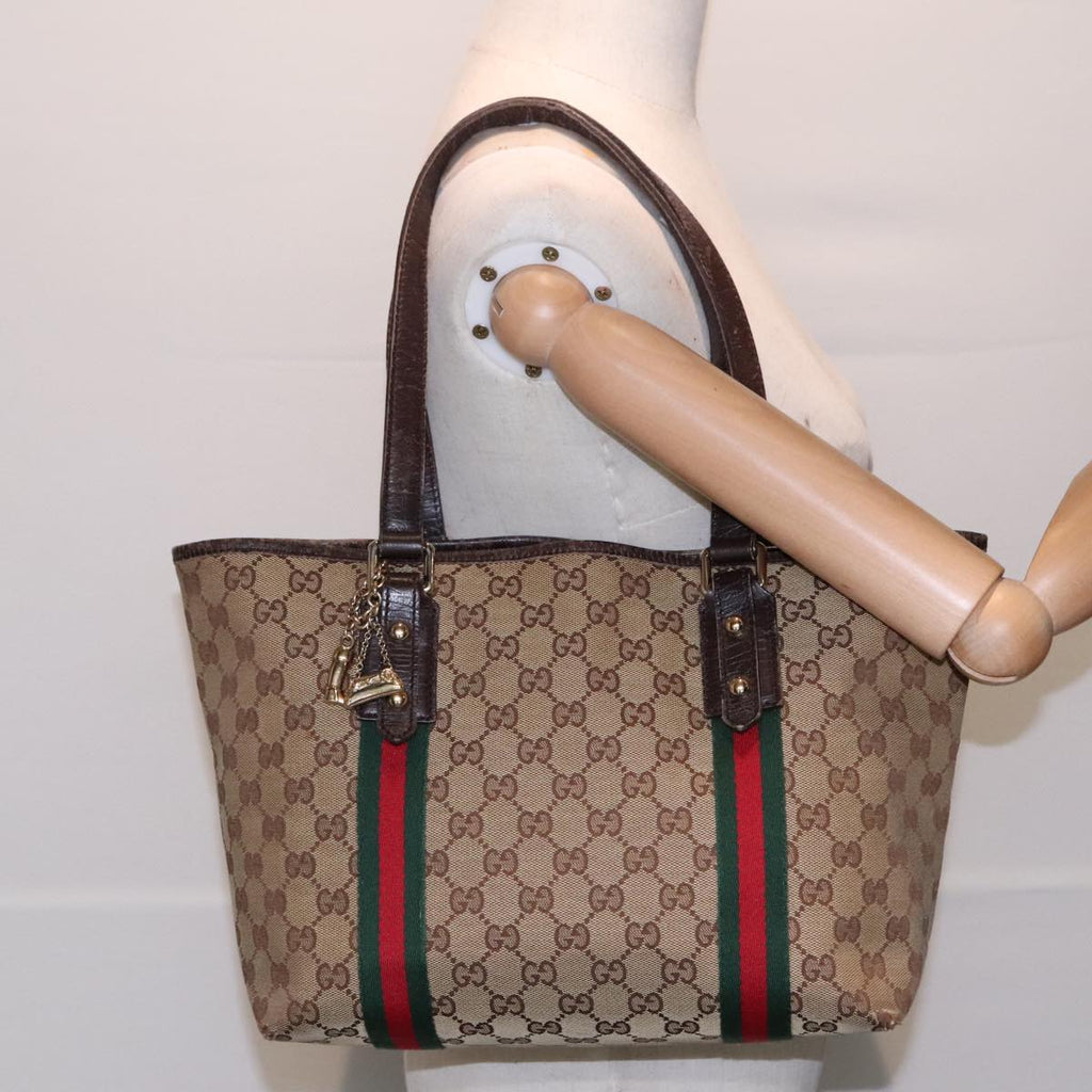 GUCCI GG Canvas Web Sherry Line Tote Bag Beige Green Red am6853