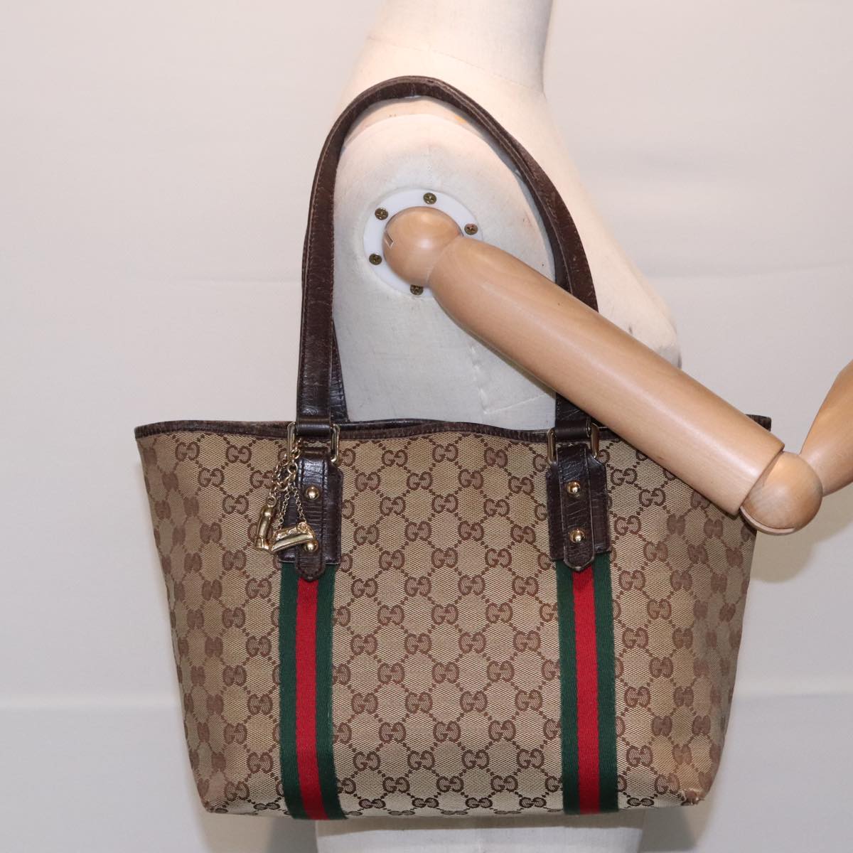 GUCCI GG Canvas Web Sherry Line Tote Bag Beige Green Red am6853