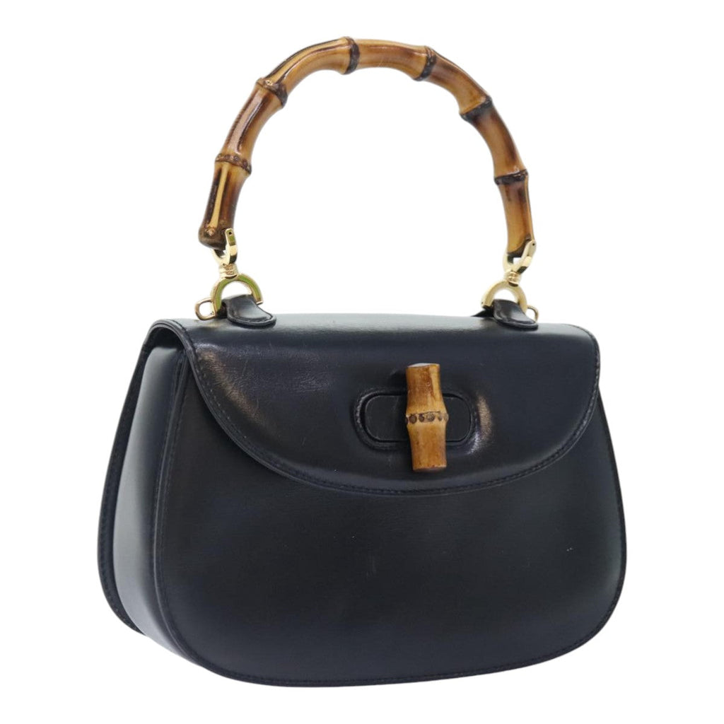 GUCCI Bamboo Hand Bag Leather Black Gold 000 2046 0188 am6870