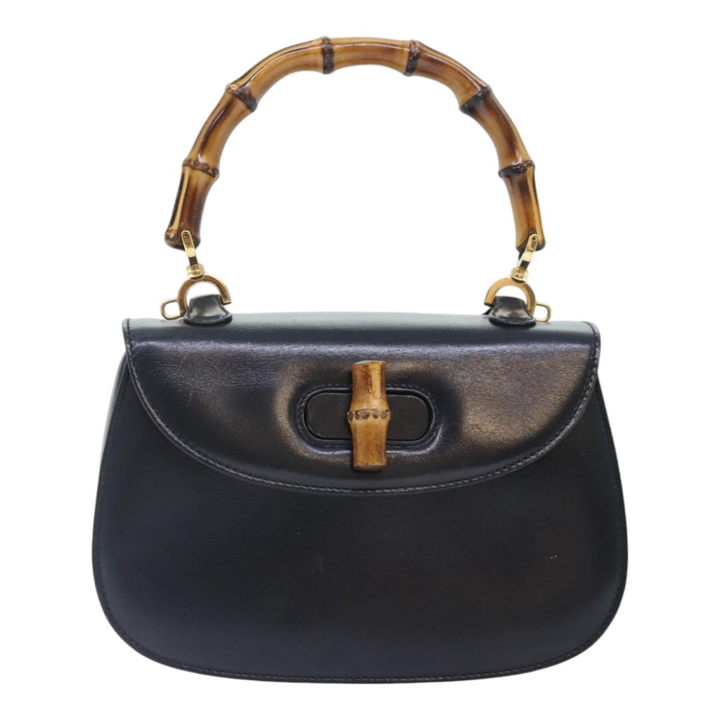 GUCCI Bamboo Hand Bag Leather Black Gold 000 2046 0188 am6870