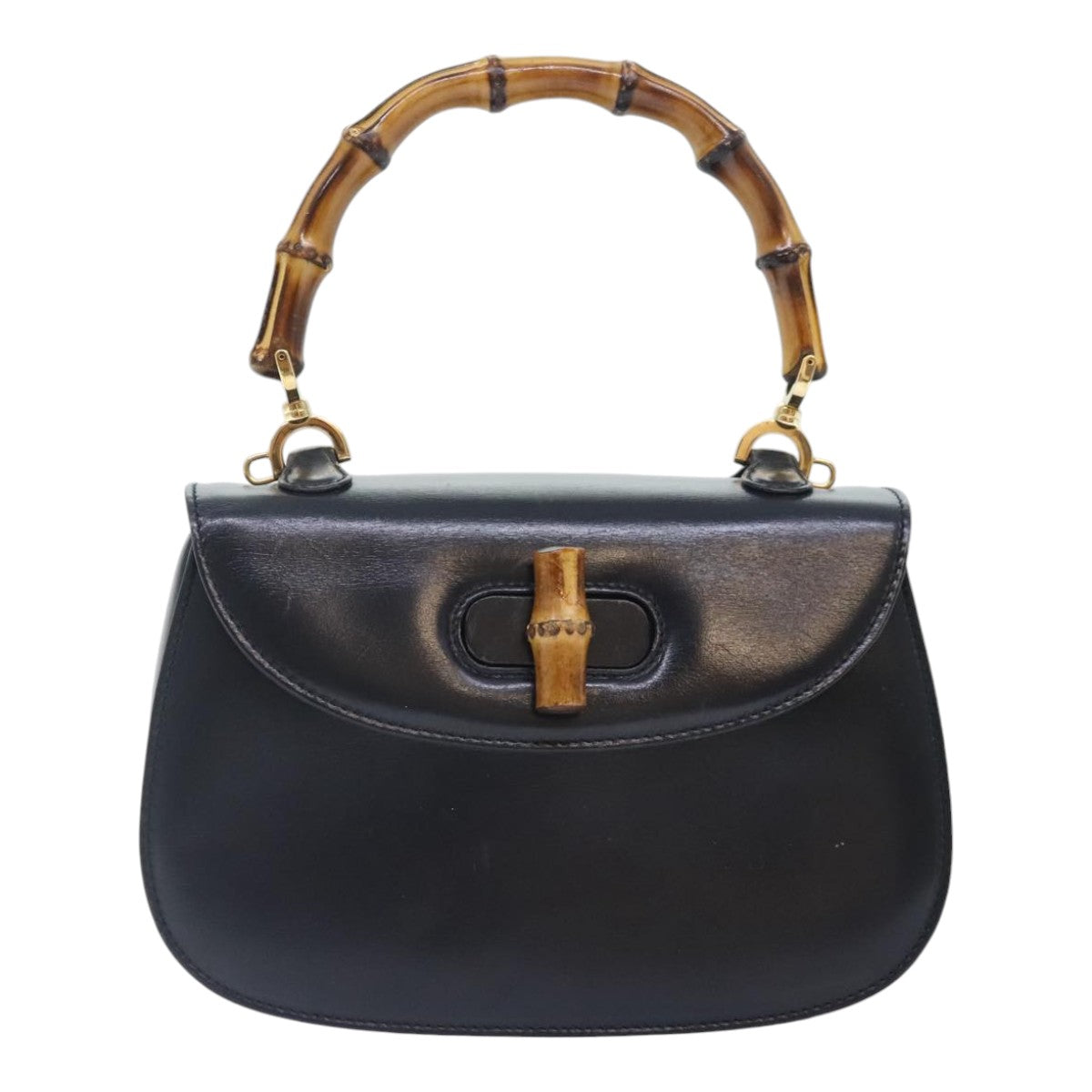 GUCCI Bamboo Hand Bag Leather Black Gold 000 2046 0188 am6870