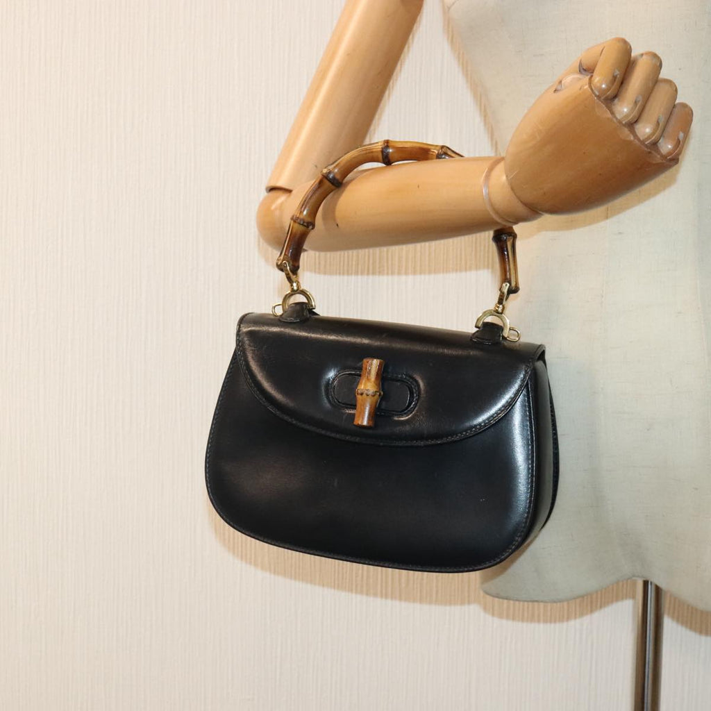 GUCCI Bamboo Hand Bag Leather Black Gold 000 2046 0188 am6870