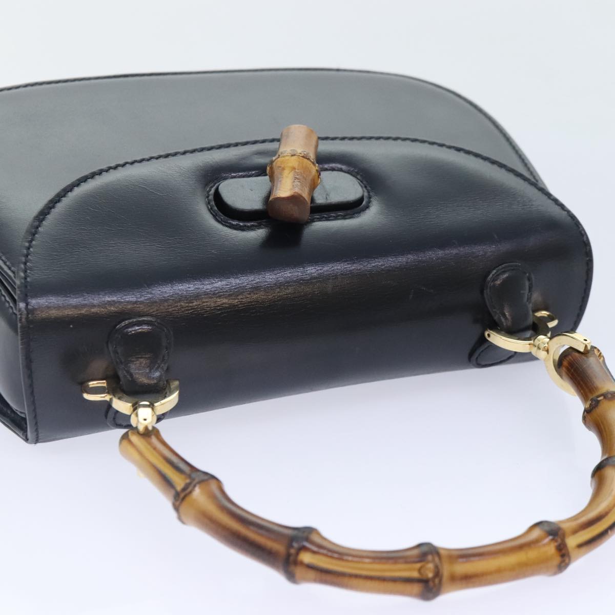 GUCCI Bamboo Hand Bag Leather Black Gold 000 2046 0188 am6870
