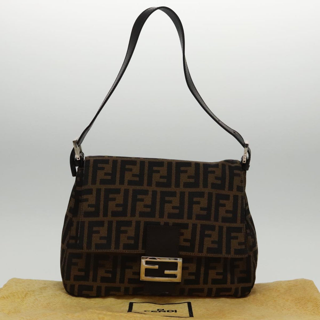 FENDI Zucca Canvas Mamma Baguette Shoulder Bag Black Brown Silver am7091A