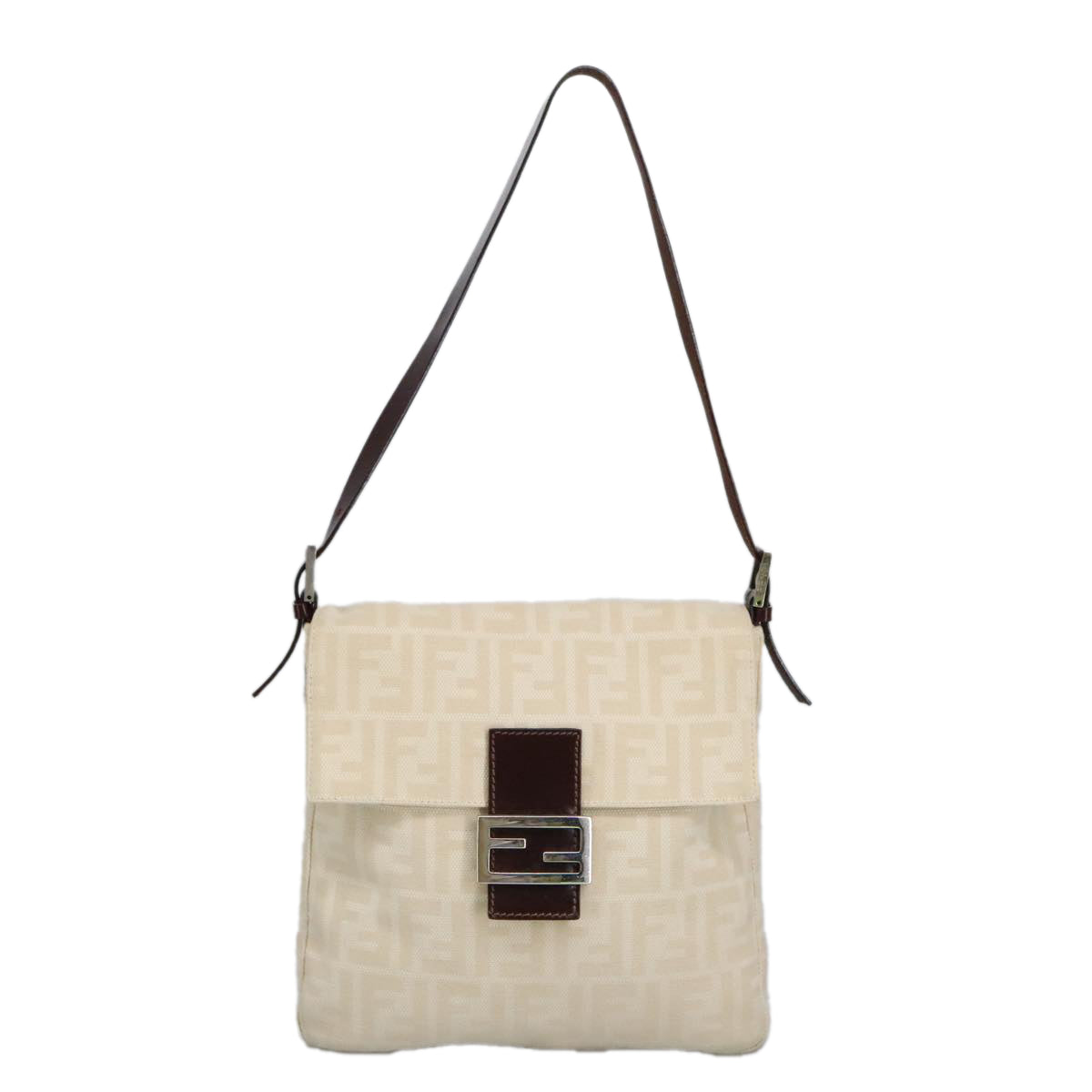 FENDI Zucca Canvas Mamma Baguette Shoulder Bag Beige Silver am7156