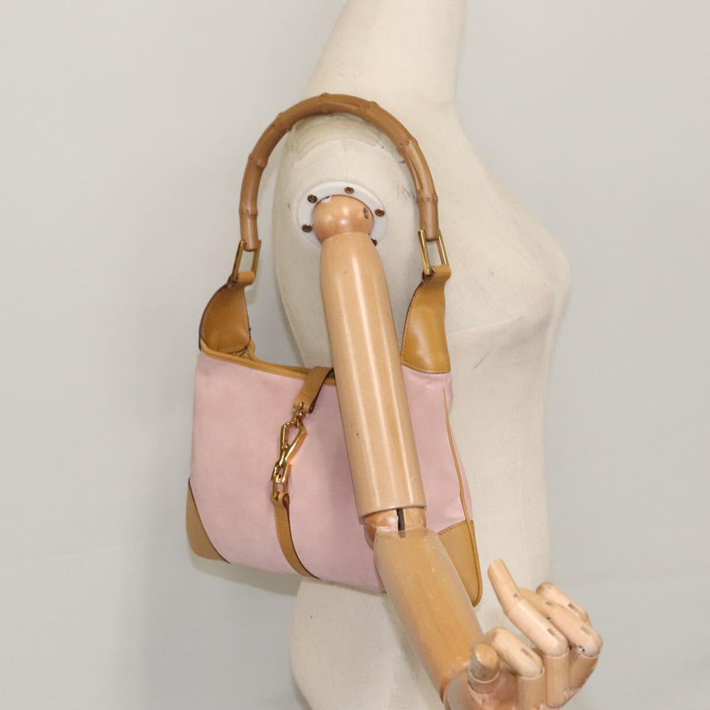 GUCCI Bamboo Hand Bag Suede Leather Gold Pink 001 4060 am7234
